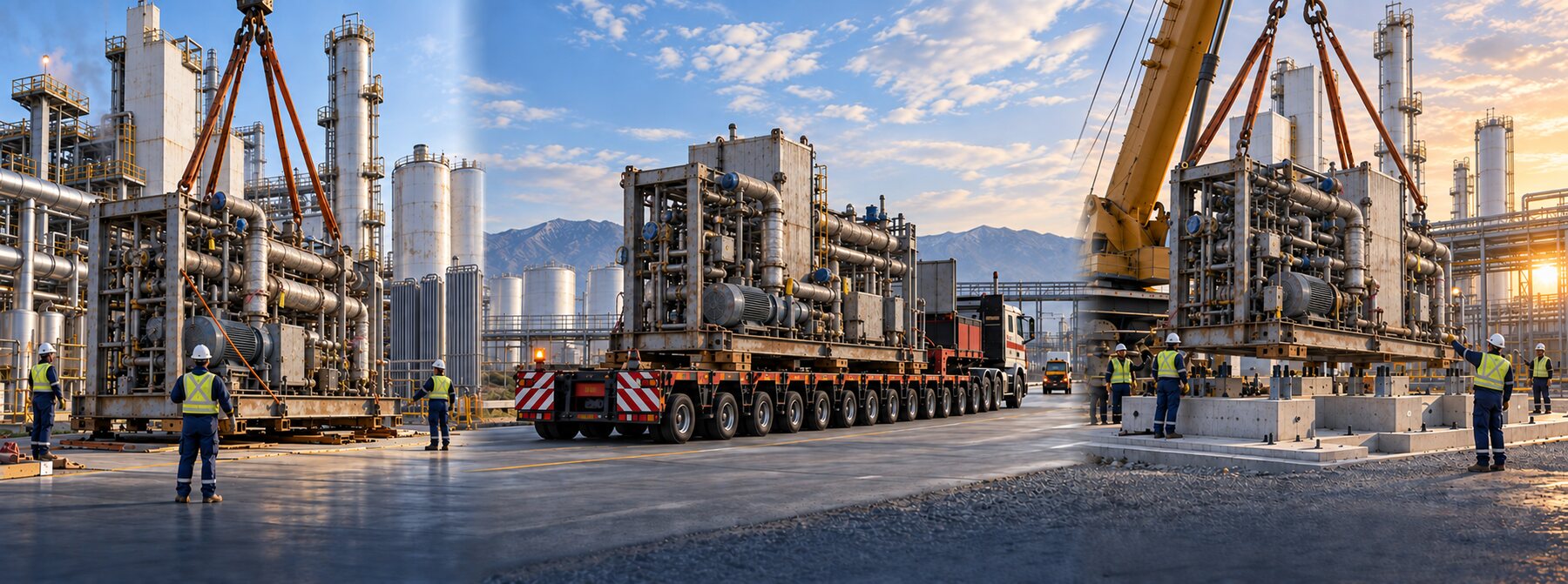 Illustrative air separation plant relocation sequence showing a service-aged process module lifted at the source facility, moved by heavy haul, and positioned at the receiving site.