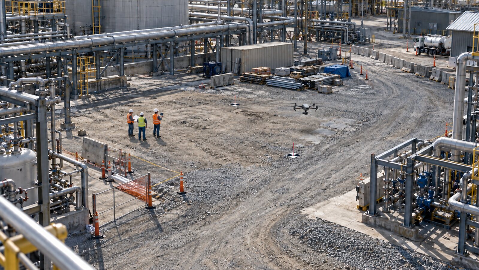 Illustrative industrial field-definition activity with a survey drone, ground-control targets, and personnel reviewing existing site conditions.