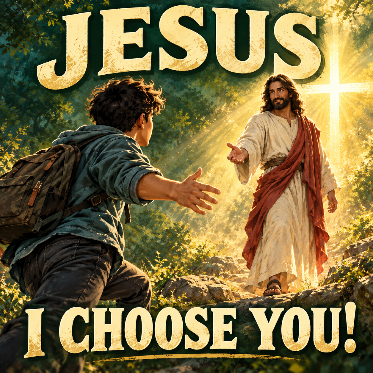 Illustration of a teenager reaching toward Jesus in warm light, with the words Jesus, I choose you.